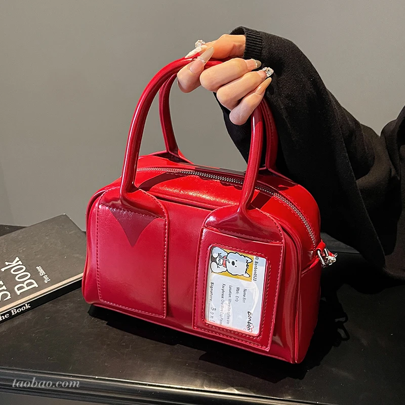 

Red Bags Women's Boston Bag Super PU Leather Cards Pocket Luxury Designer Handbag Female Shoulder Underarm Bag Tote Purse Winter