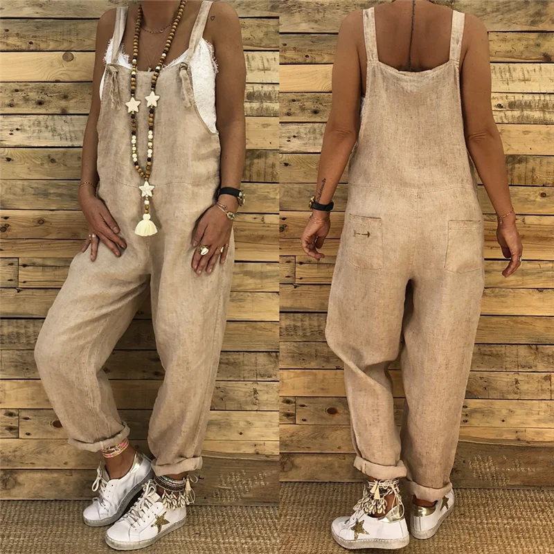 Woman Cotton Linen Suspender Pants Solid Color Loose Bib Straight Leg Jumpsuits Vintage Baggy Overalls Trousers Pockets Playsuit