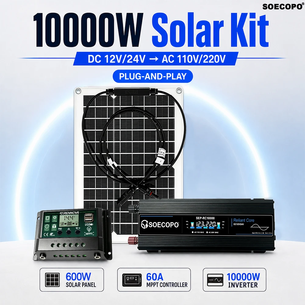 Home Electronics Solar System 10000W Inverter 600W Panel 60A MPPT Controller 12V 24V to 110V 220V for TV Laptop Fan Backup Power