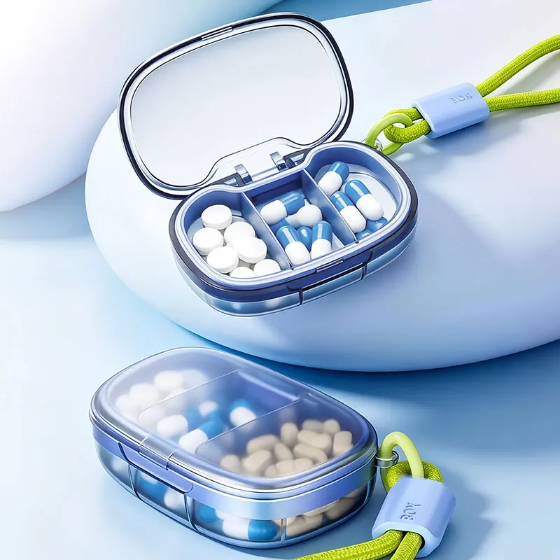 Portable 3-Compartment Pill Box with Lanyard Moisture-Proof See-Through Medicine Organizer Travel Case for Daily Use