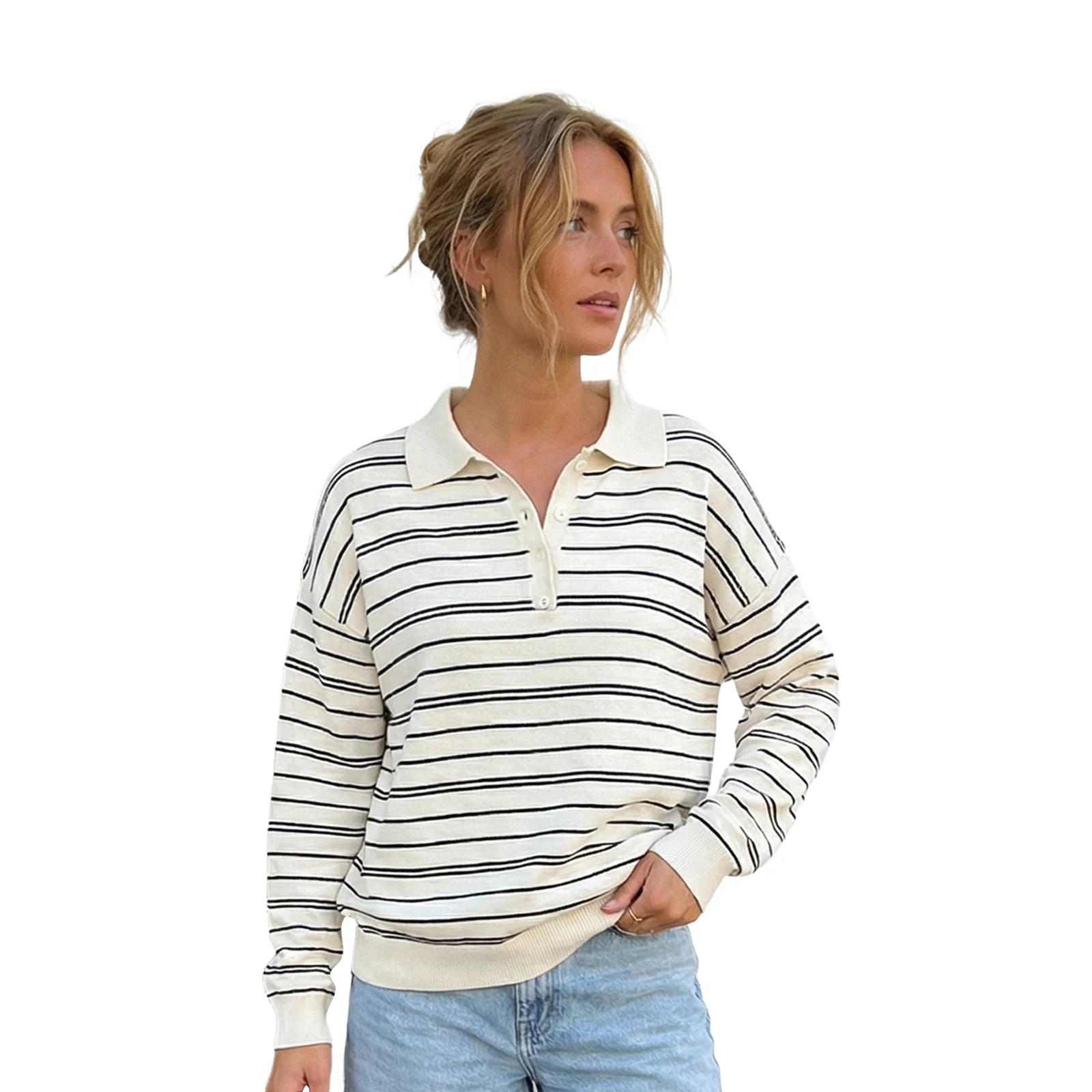 

Женские вязаные топы с длинными рукавами, отложным воротником, в полоску, свободного кроя, осенние, в стиле стритвир