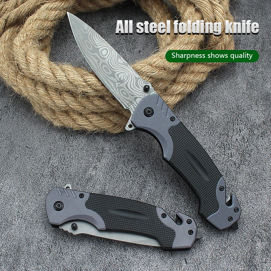 Outdoor Damascus Pattern Tactical Survival Knife Camping Carry Folding Knife Stainless Steel Pocket Defense Pocket Knife