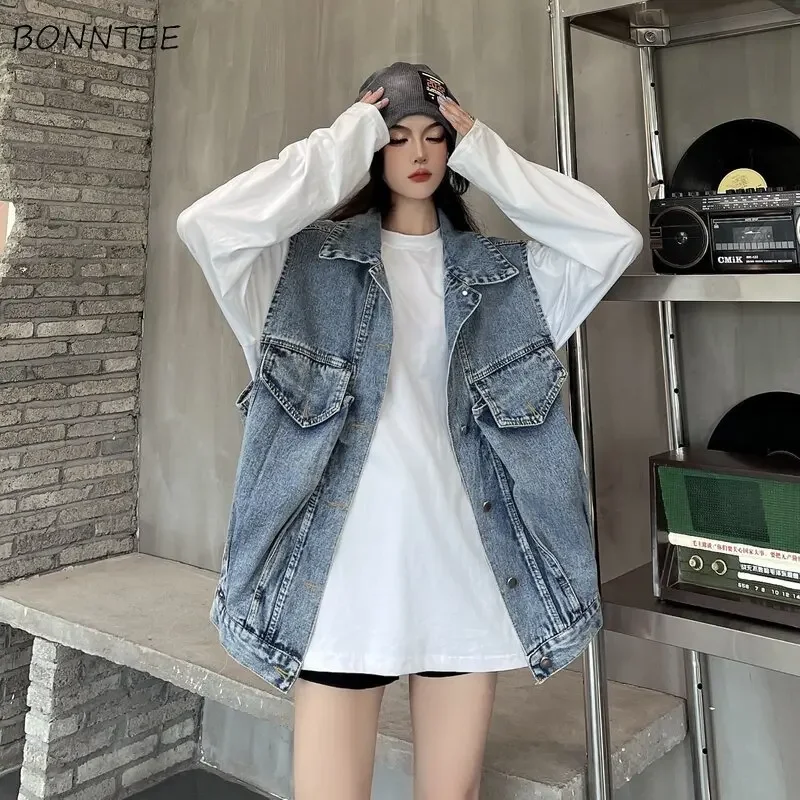 Vests Women Denim Spring Korean Version Washed Student Vintage All-match Sleeveless Chic Couple Casual Solid Ins Mujer Outwear