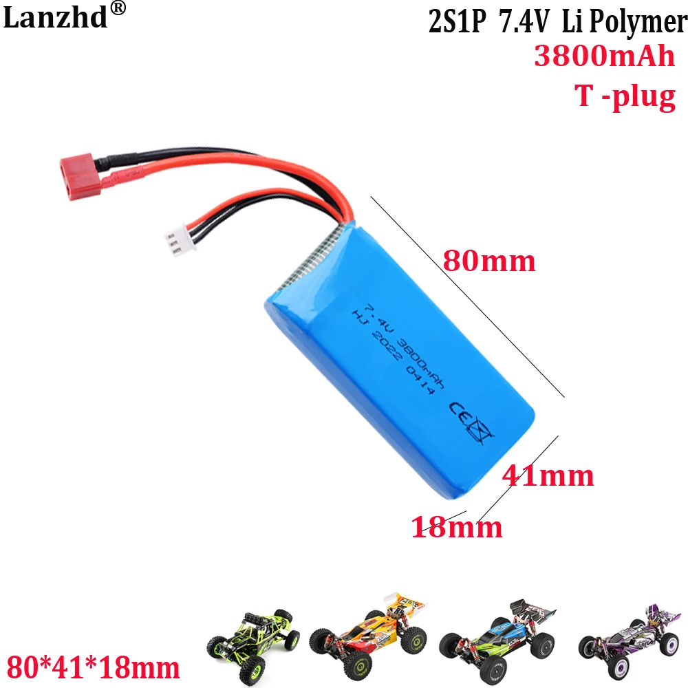 2S 7.4V polymer battery pack For  Weili 144001 124017/018 remote control car 12428 model aircraft 3800mAh lithium battery