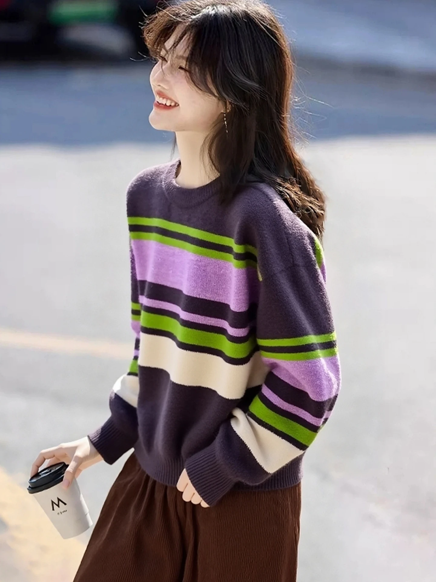 

Thiened Camere вязаный свитер женский круглый Ne Long Sve в полоску в стиле пэчворк модный зимний топ теплый удобный