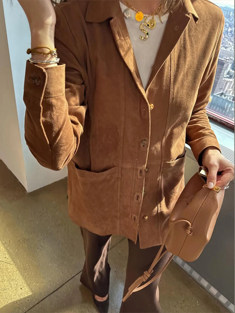 Retro Brown Women Lapel Pockets Shirt Coats Fashion Long Sleeve Single Breasted Loose Jacket 2024 Casual Lady Autumn Streetwear