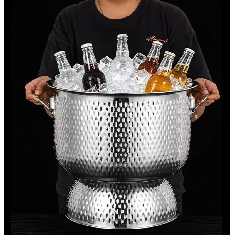 Large hammered stainless steel ice bucket with base for wine coolers in bars, parties, and restaurants
