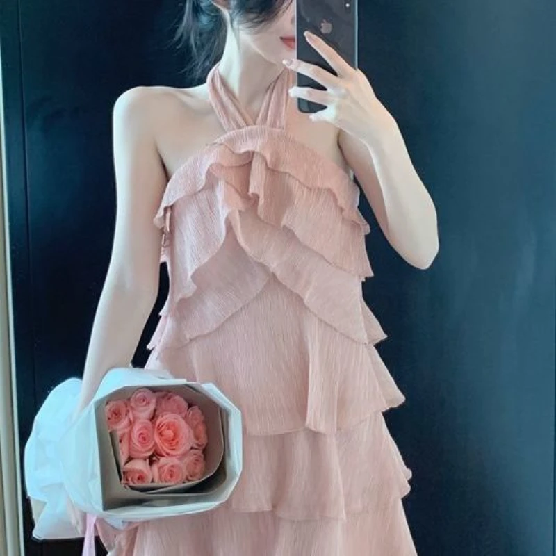 Sleeveless White Dresses Women Halter Neck Ruffles Mini Elegant Sexy Sweet Dress Korean Casual Summer Solid Color Fashion Dress