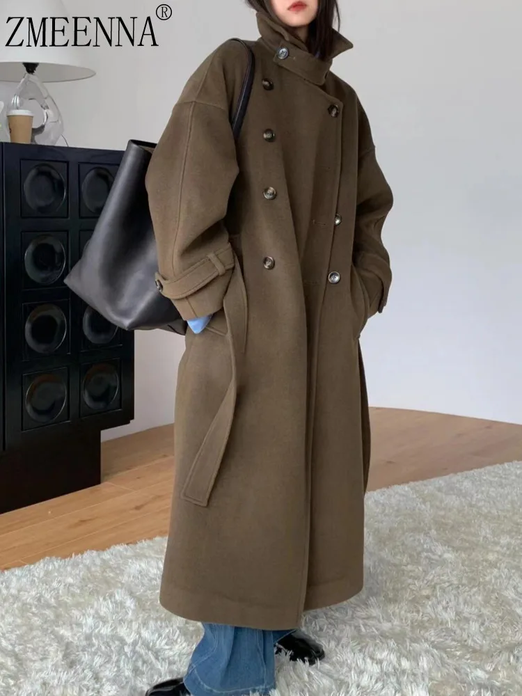

ZMEENNA Stylish Women's Brown Wool Blend Coat Design And Tie Belt Warm Winter Outerwear For Casual And Elegant ZM3515