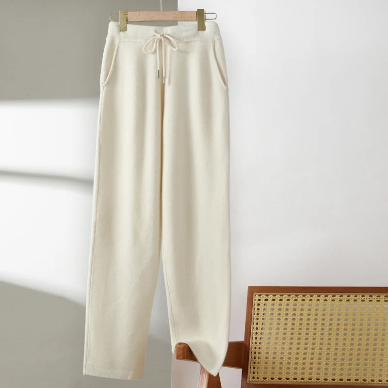 Autumn Winter Women 100% Pure Wool Pencil Pants Elastic High Waist Ankle-Length Pants Casual Knit Trousers Soft Warm Versatile