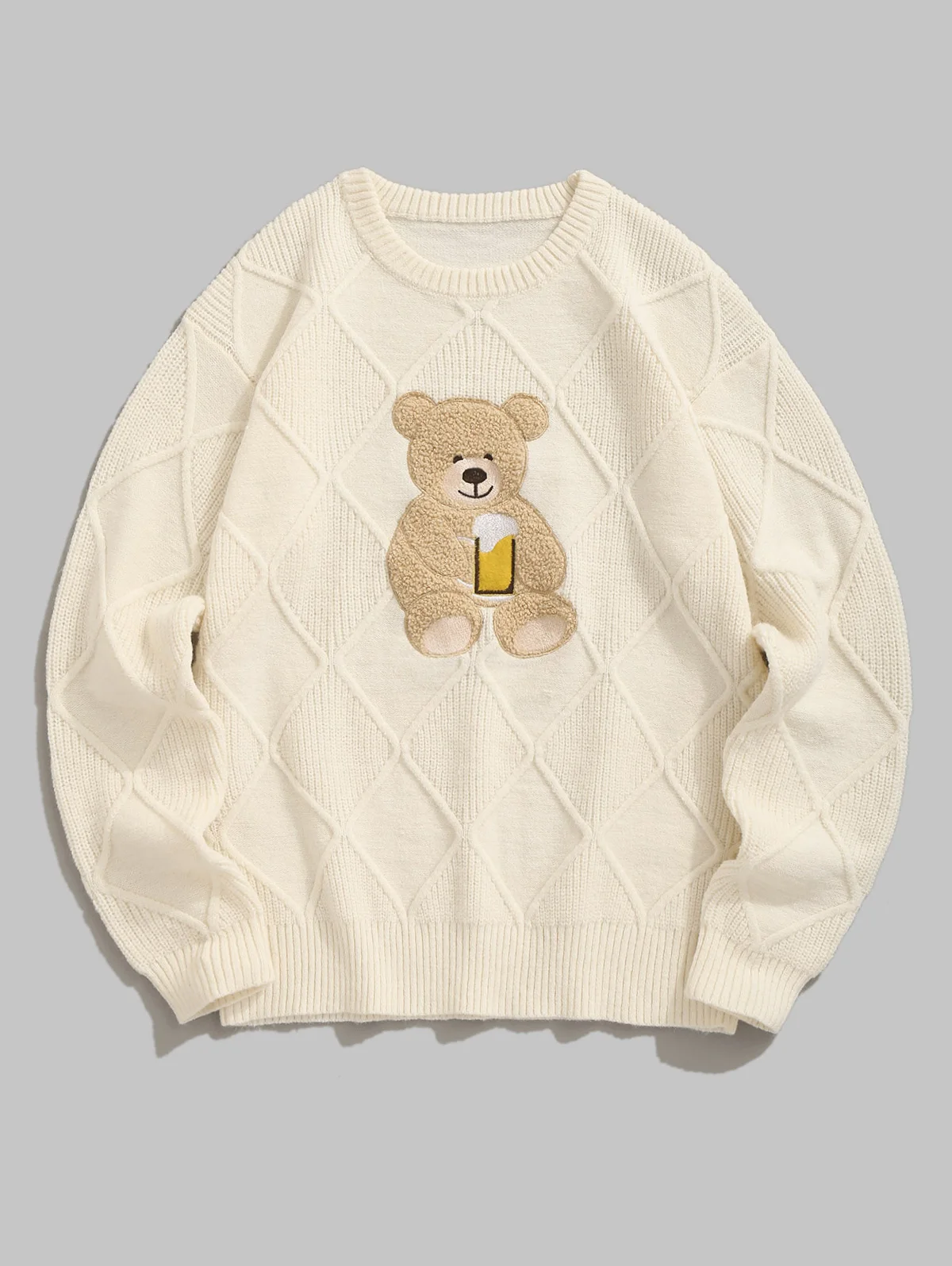 ZAFUL Men\'s Terry Cloth Bear Embroidered Patch Design Round Neck Pullover Knitted Sweater