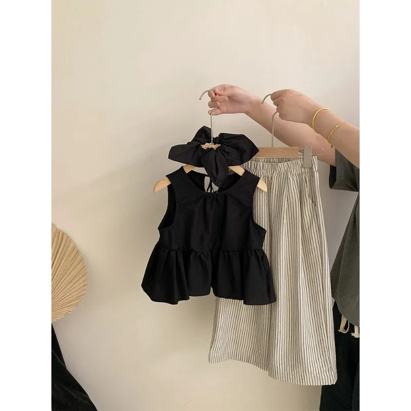 

Girls' Summer New Black Sleeveless Top Striped Wide Leg Pants Two-piece Set 2025 New Comfortable