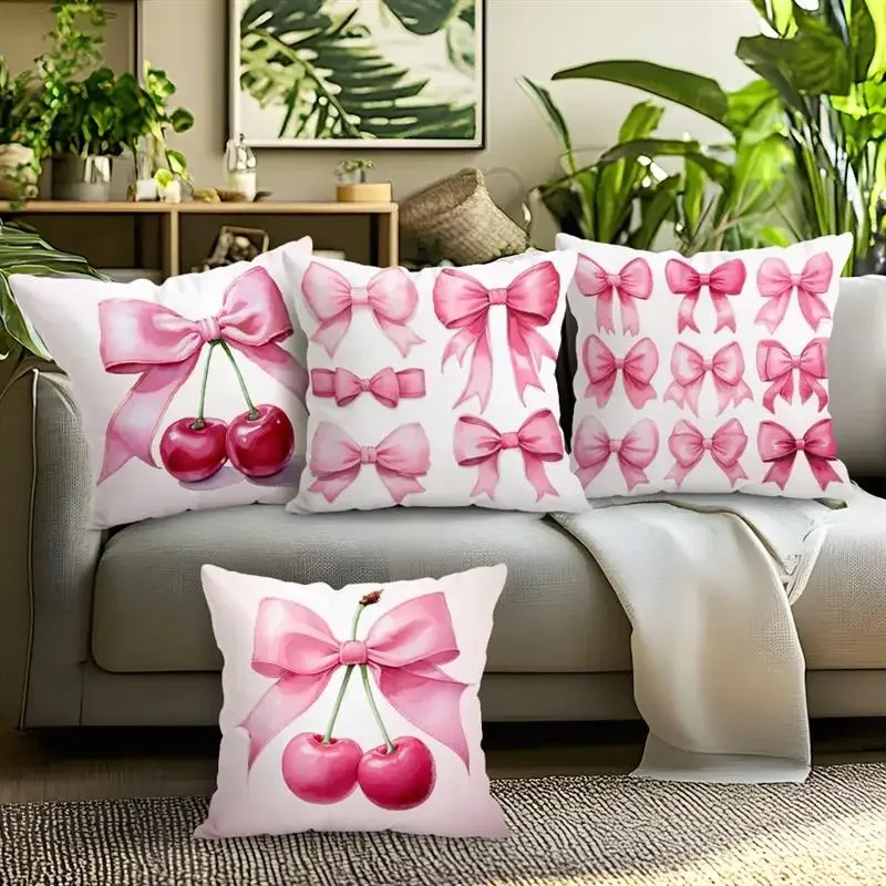 Home Decor Cherry & Bowknot Pattern Decorative Pillowcase Pattern Cushion Cover Suitable For Sofa Bedroom Car Pillow Cover