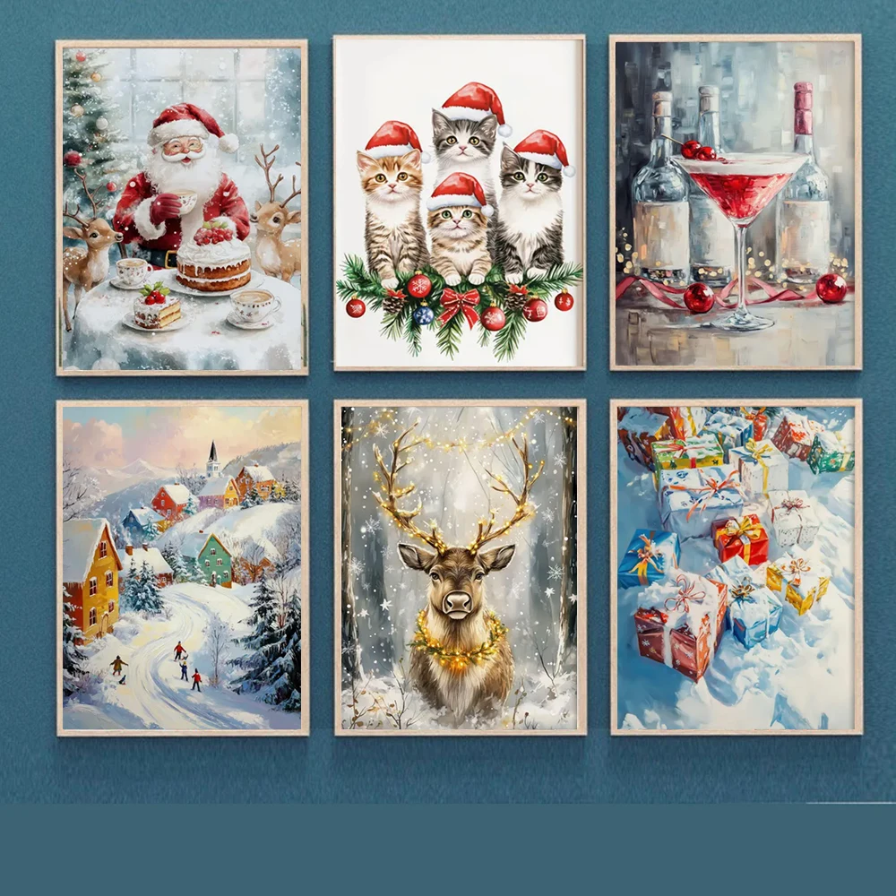 Weihnachten Atmosphäre Poster Drucke Klassische Weihnachtsbaum Santa Claus Winter Schnee Szene Leinwand Malerei Wohnzimmer Wohnkultur