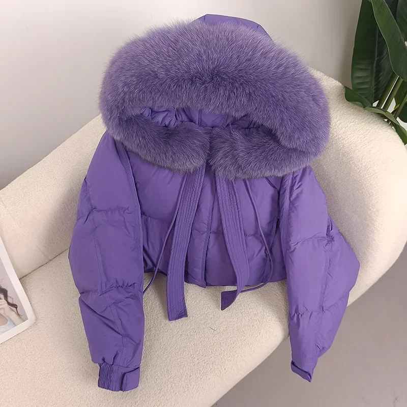 MENINA BONITA 2023 Thick Warm Duck Down Winter Jacket Women Real Fox Fur Raccoon Fur Collar Hooded Loose Streetwear Detachable