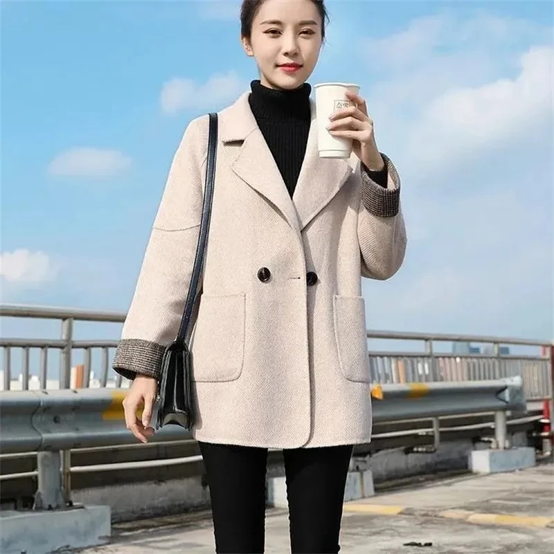 

Women's Jacket Fashion Herringbone Print Female Coat Winter Simplicity Solid Color Coat for Women Korean Version Woolen Coat