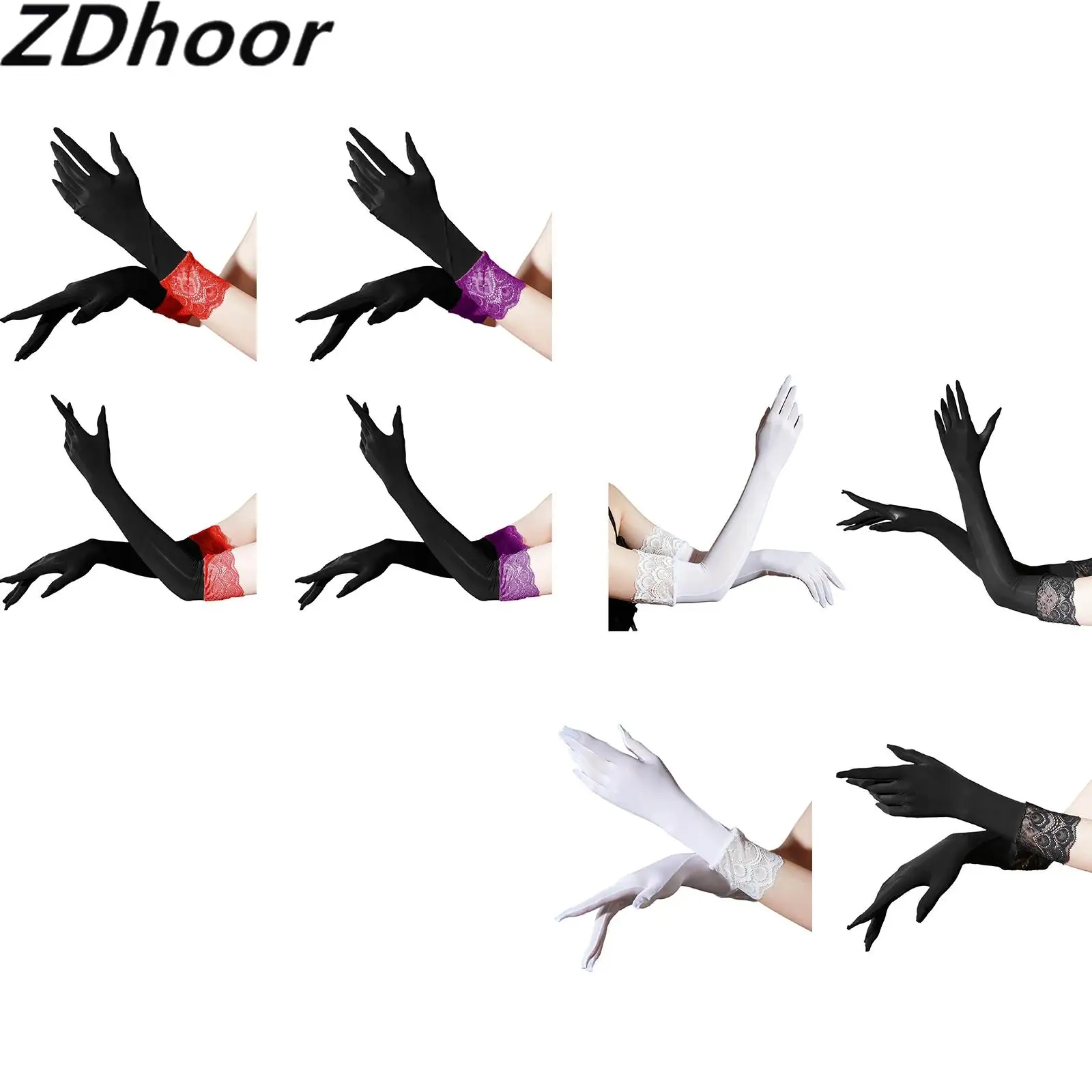 Lace Trim Silky Oil Gloss Gloves Patchwork Lace Design Five Fingers Gloves for Elasticity Gloves for Women