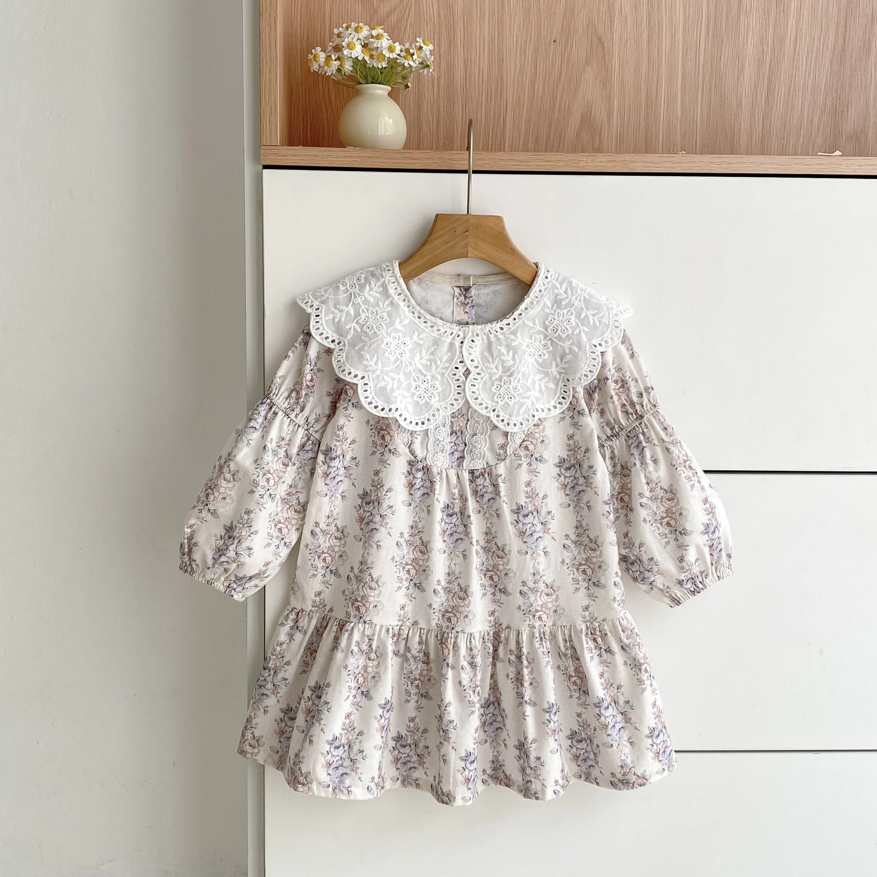 Herbst Blume Französisch Kontrast Revers Stil Mädchen Kleid Frühling Baby Kinder Lange Ärmeln Reine Baumwolle Spitze Süße Prinzessin Kleid – Detail 13
