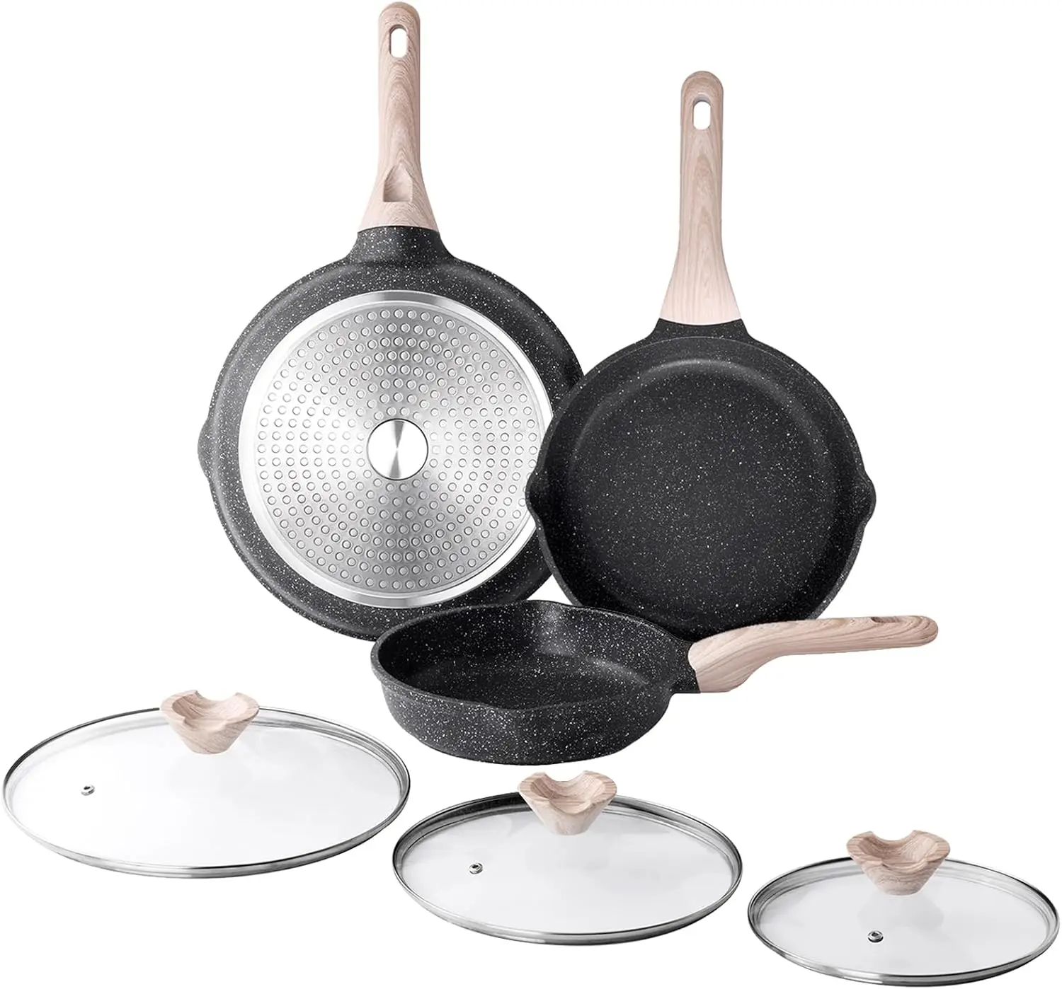 

Nonstick Frying Pan Set with Lids, 3 Piece Skillet Set, Healthy Induction Cooking Pan, Stay-Cool Handle, Compatible with All