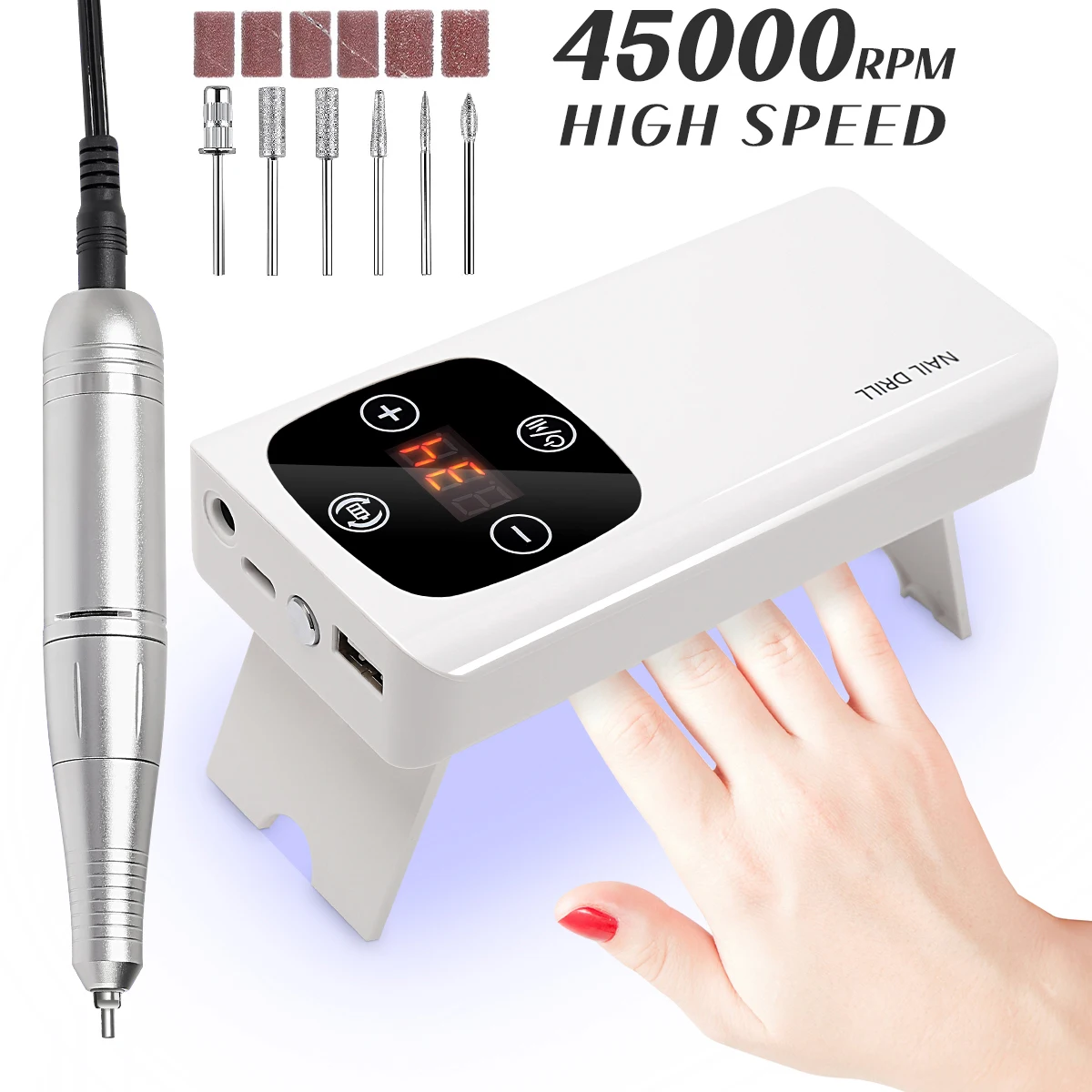 45000RPM Nail Drill Machine 3-in-1 Portable Nail Drill and Dryer Electric Professional Nail Lathe with UV LED Lamp Manicure Care