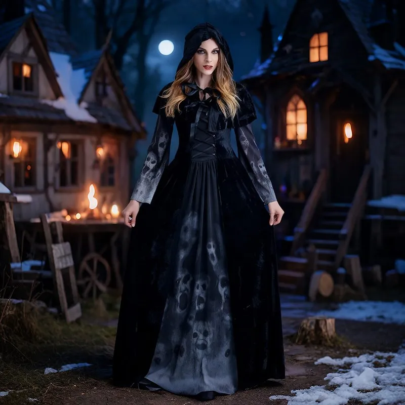 

Gothic Style Witch Skirt Halloween Devil Hooded Cloak Magic Robe Demon Windbreaker Women's Fashion Costume Tunic