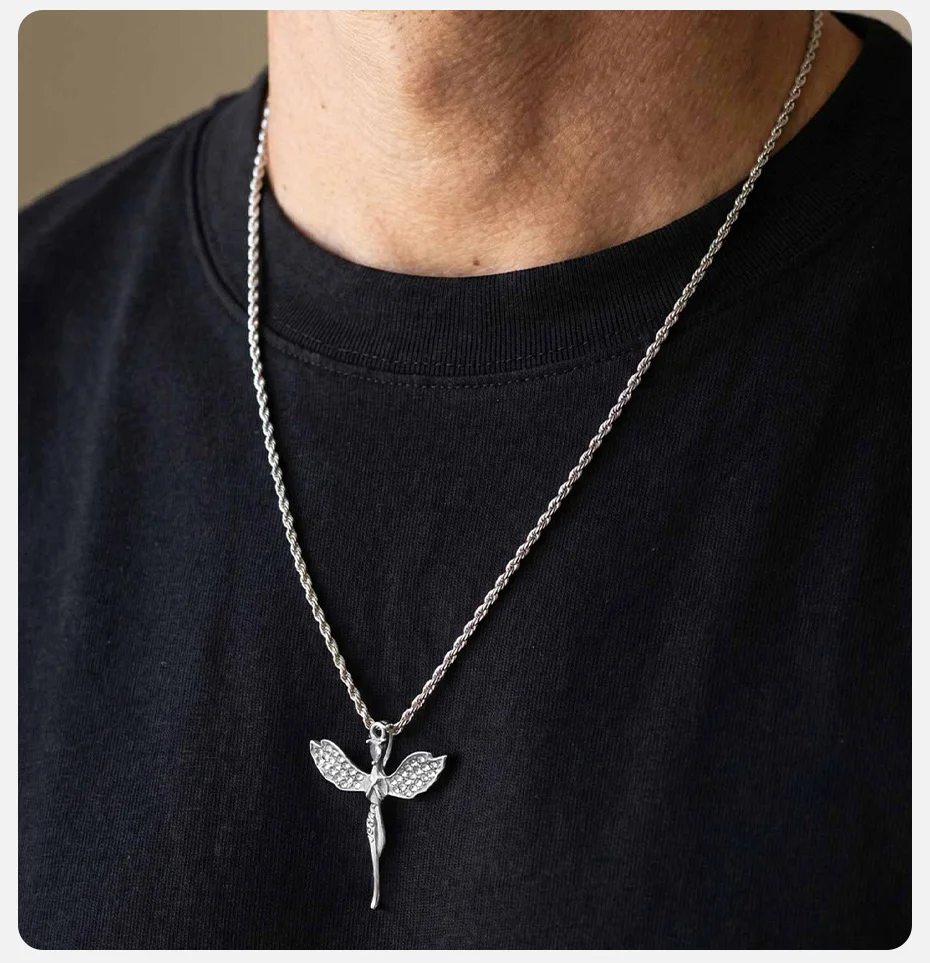Vnox Engel-Kreuz-Anhänger-Halskette für Männer, Edelstahl Zirkon Flügel-Feen-Halskette 50cm 60cm Gedrehte Seilkette Schmuck Geschenk – Detail 3