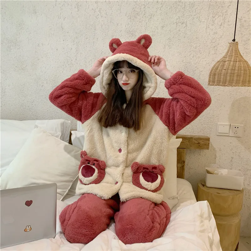 

Winter Pajamas For Women Cartoon Bear Kawaii Hooded Warm Fluffy Homewear Lounge Sleepwear Flannel Pajama Set Ins Girls Gift