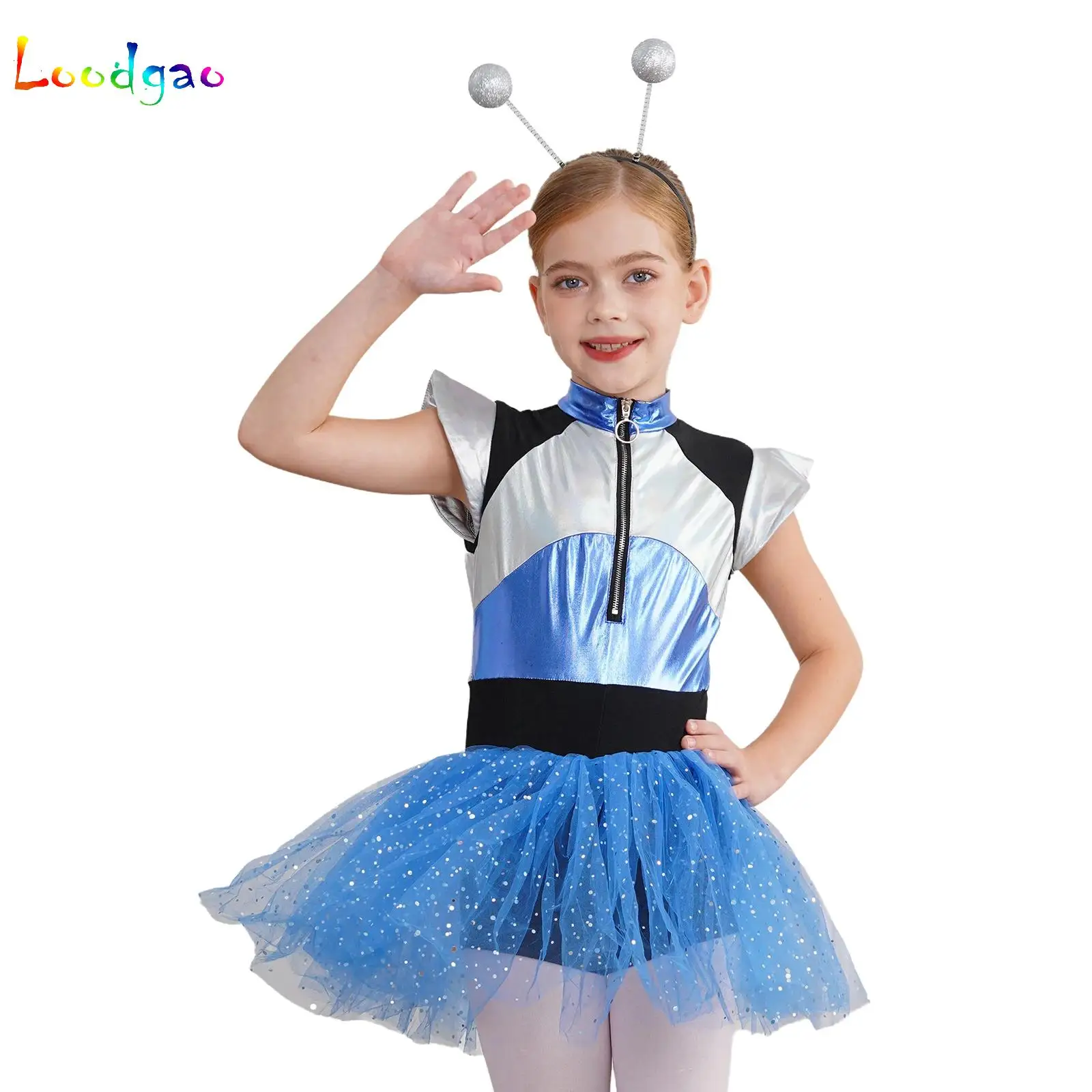 Kid Girls Alien Future World Costume for Fancy Dress Up Metallic Cape Leotard Tutu Dance Dress Robot Cosplay Halloween Role Play