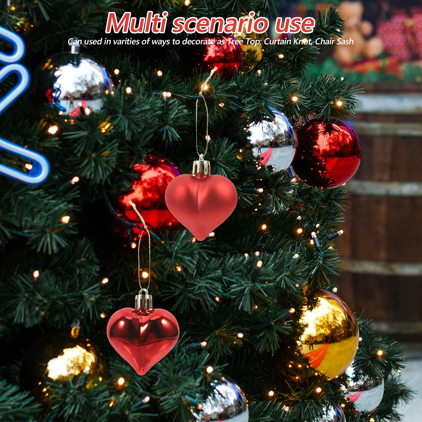

24Pcs Red Heart Shape Christmas Ornament Plastic Balls Hanging Decorations for Tree Garland Curtain Chair Railings