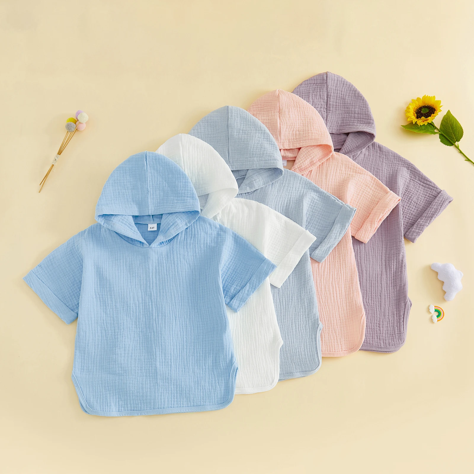 

Toddler Kids Baby Boy Girls Swim Cover-ups Solid Color Short Sleeve Cotton Linen Hooded Bath Towel Beach Tops Swimwear Beachwear