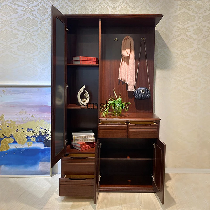 

Golden silk sandalwood foyer shoe cabinet integrated with mirror entry door hanging hanger entry partition porch multi-function