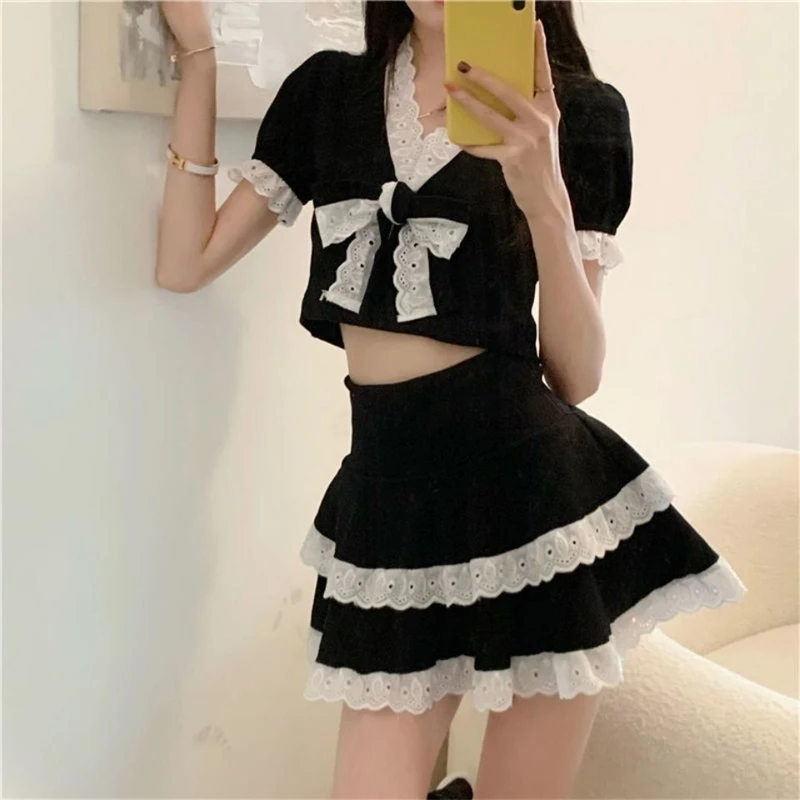 2 Stück Sets Frauen Sommer sexy süße Kawaii Bogen Spitze Patchwork Kurzarm Crop Tops Y2k Student Party eine Linie Minirock Outfit