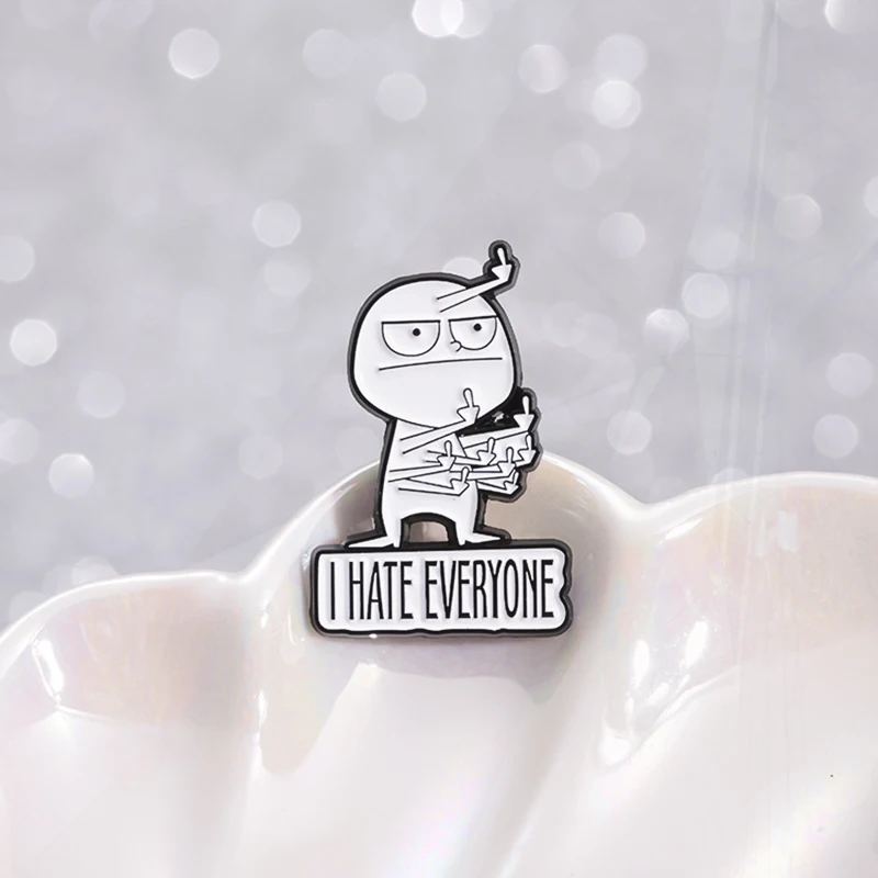 Middle Finger Pines Lapel Badges Cartoon Funny Jewelry Gift for Kids Friends I Hate Everyone Enamel  Brooch Custom Stickman