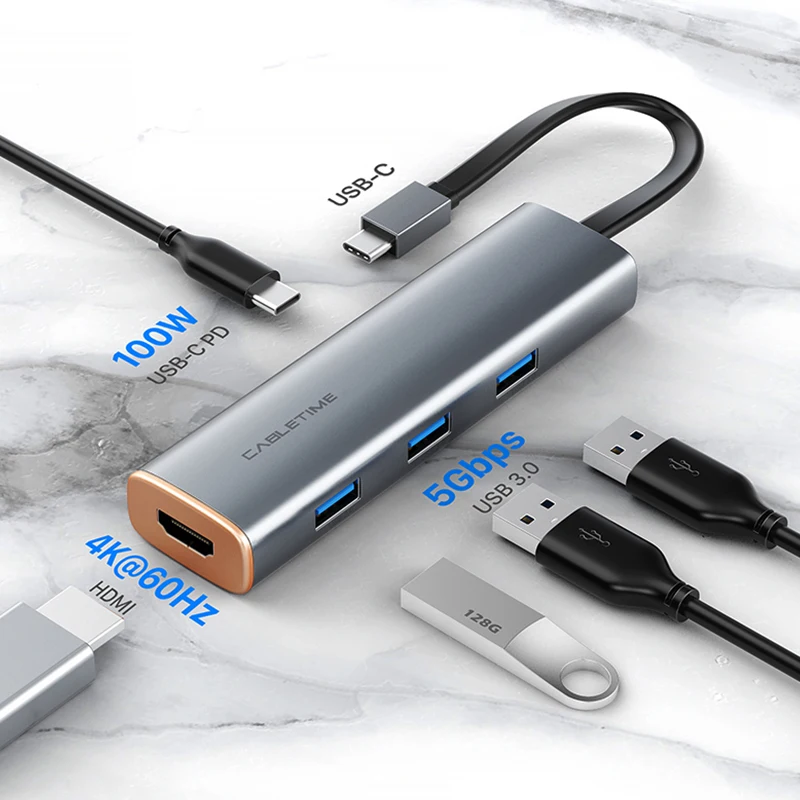 CABLETIME Dünne 5 in 1 USB C HUB zu HDMI-kompatibel 4K 60Hz PD 100W USB 3,0 5Gbps für MacBook Pro Laptop Typ C HUB C431