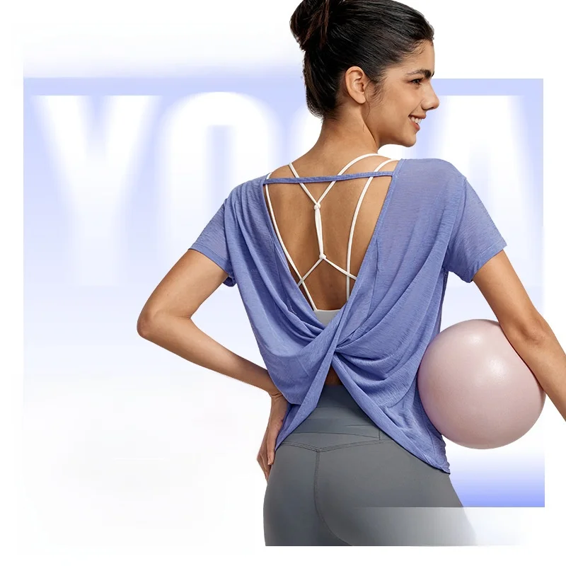 

Женская весенне-летняя блузка для йоги, свободная драпированная спинка, спортивный топ для фитнеса, легкая дышащая футболка с короткими рукавами