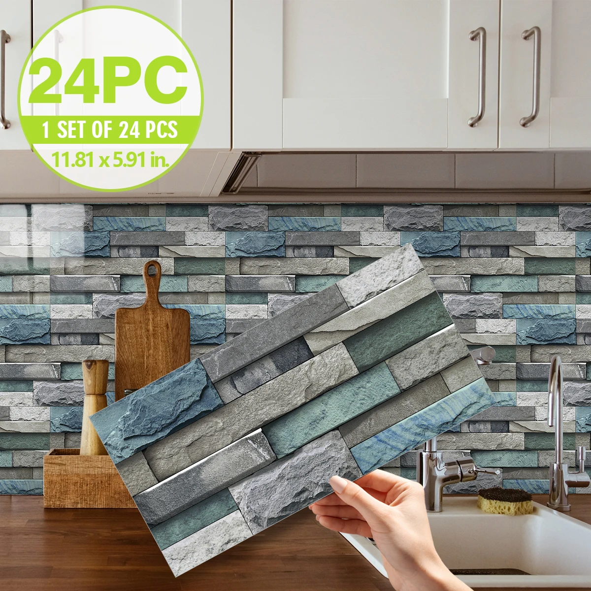 24PCS Teal Vintage Tile Pattern 3D Effect Crystal Kitchen Stickers Waterproof Greaseproof Kitchen Stickers Thick Self-Adhesive S