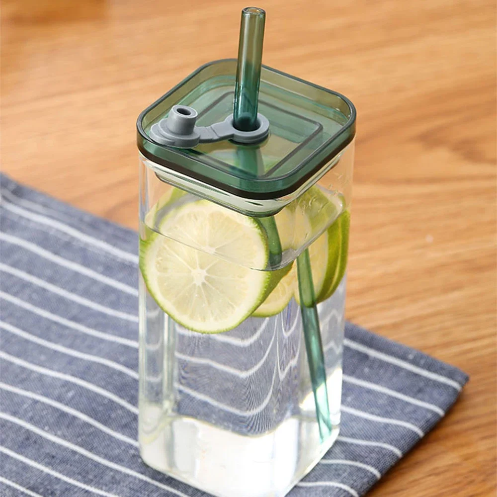 350 مللي كوب زجاجي للقهوة مربع مع غطاء وقش مقاومة للحرارة كوب قهوة ثلجي الإفطار كوب حليب كوب شفافة أدوات للشرب