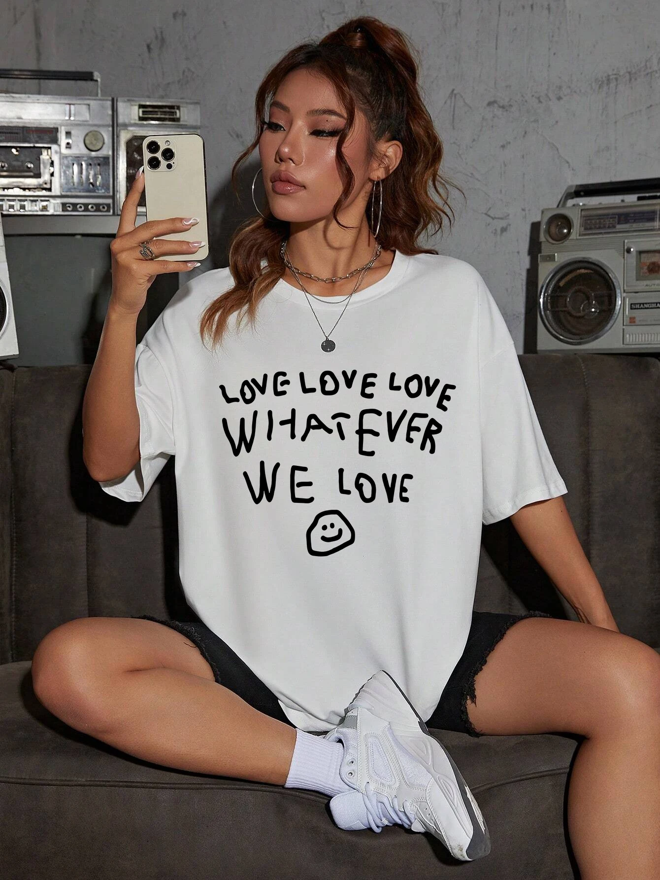 Love Love Love Whatever We Love Happy Face Printing Womens Tshirt Casual T Shirt Sport Summer Tops Fashion Cotton Short Sleeve