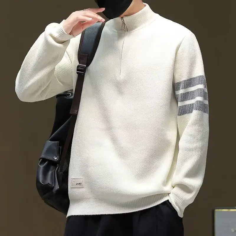 

2025 New Semi Zipper Stand Up Collar Knitted Shirt Men's Long Sleeved Casual Top Autumn and Winter New High-end Base Shirt