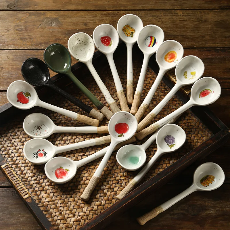 Cute Creamic Long Soup Spoon Cartoon Stoneware Hand-painted Dessert Porridge Spoons Japan Household Tableware Serving Food