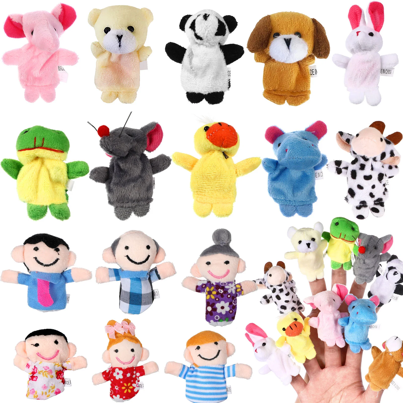 16 pezzi di burattini da dito in peluche set animali membri della famiglia giocattoli per bambini storia tempo di gioco (modello casuale)