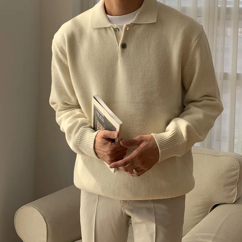 Men's Fall Solid Color Polo Collar Sweater Versatile Casual Korean Style Loose Fit Pullover Knitted Top