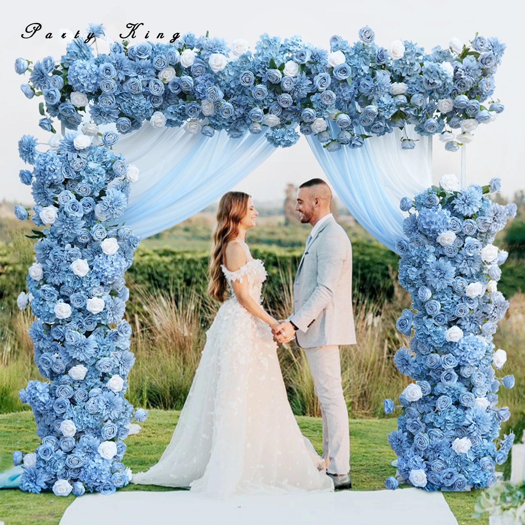 Blue White Roses Artificial Flower Wedding Background Decoration Arch Floral Arrangement Table Row Party Stage Event Arrangement