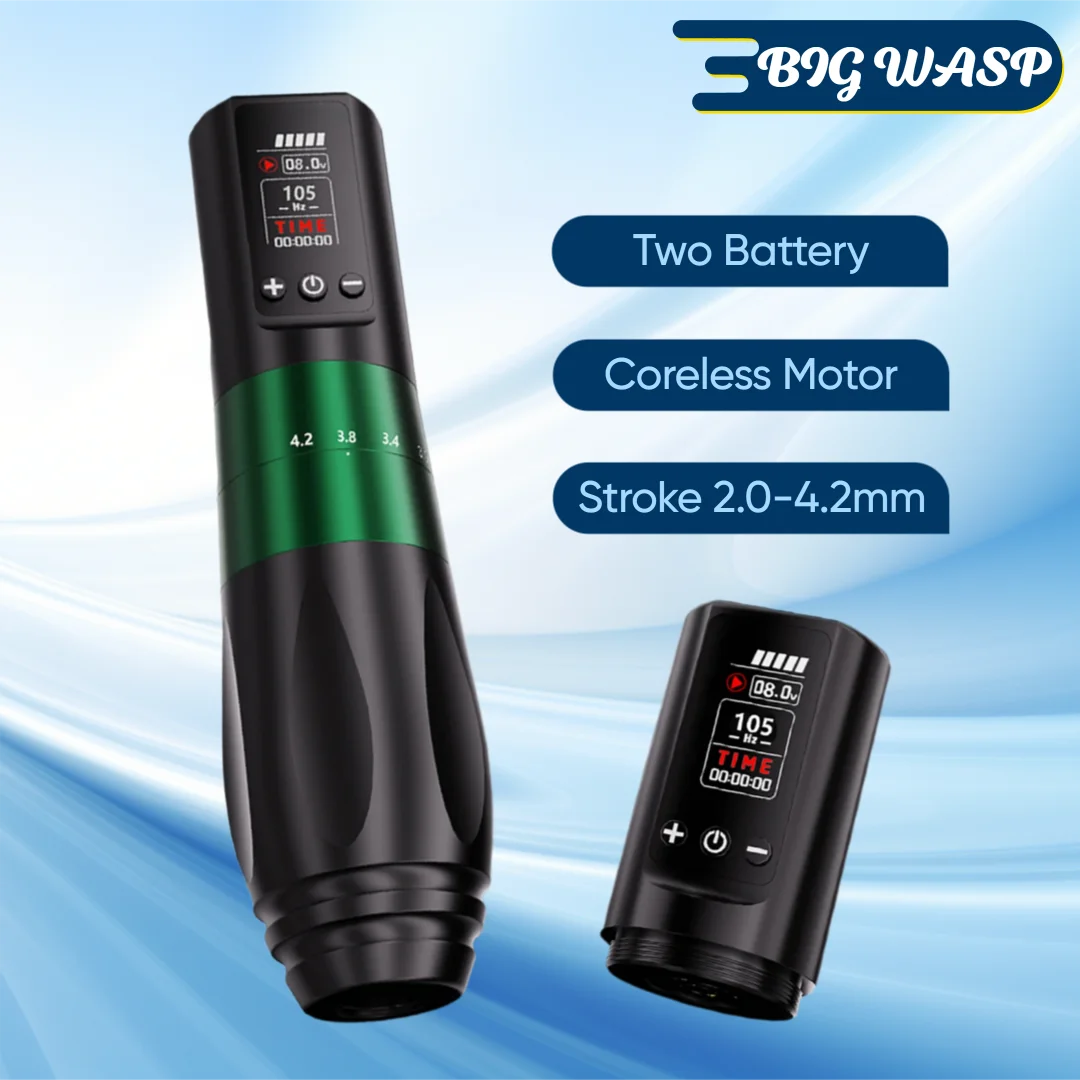 

BIGWASP Dual Battery Wireless Tattoo Machine Stroke 2.0-4.2mm OLED Display 1800mAh Battery Pen Professional Coreless Motor Pen
