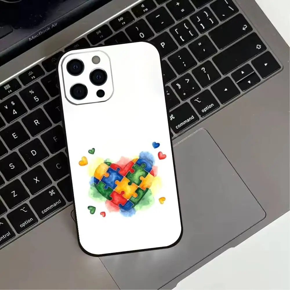 حافظة هاتف Puzzle Art Support Autism لهاتف iPhone 17,16,15,14,13,12,11 Plus، Pro Max، XS، غطاء أسود من السيليكون الناعم