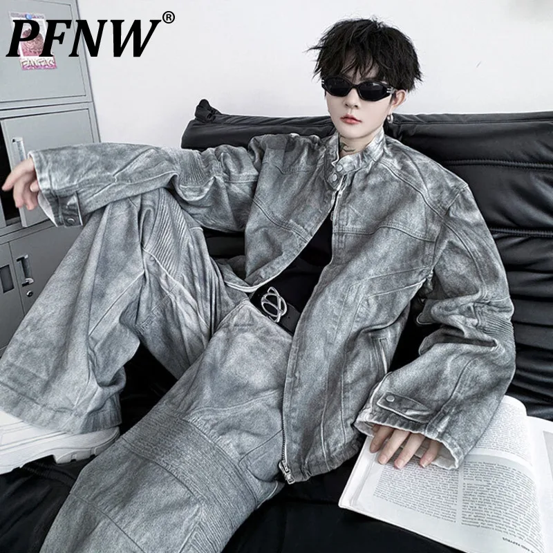 PFNW Autumn Men's Set Stand Collar Airbrushed Pleated Design Long Sleeve Jacket + Casual Wide Leg Pants Two Piece Set 28W4524