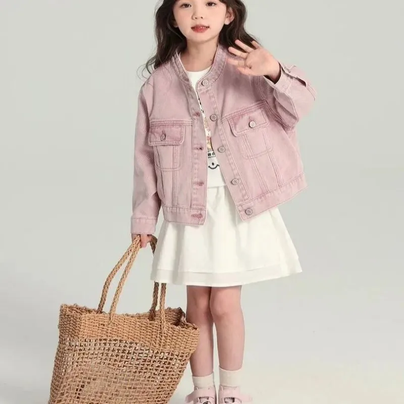 

Girls Jacket 2025 Spring/Autumn New Style Children's Elegant Pink Round Neck Denim Coat
