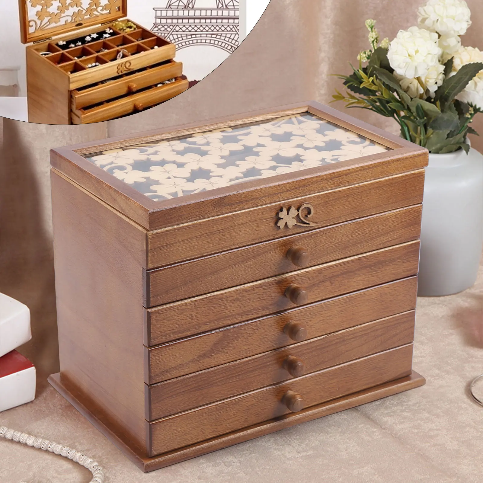 Large Retro 6 Layers Wooden Jewellery Box Cabinet Display Organizer