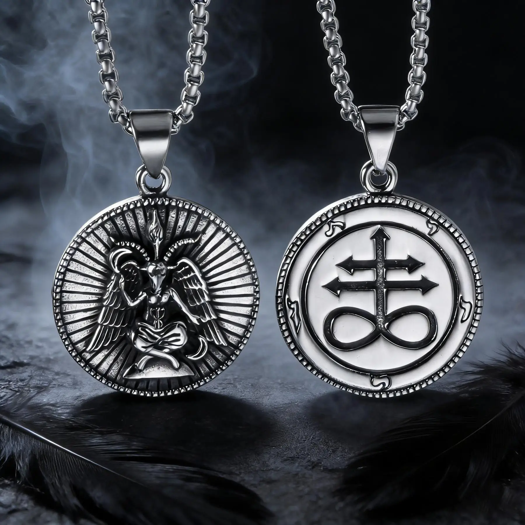 Colar Satânico, Sigilo de Baphomet e Cruz de Leviatã em Ambos os Lados, Joias da Igreja Satânica em Aço Inoxidável