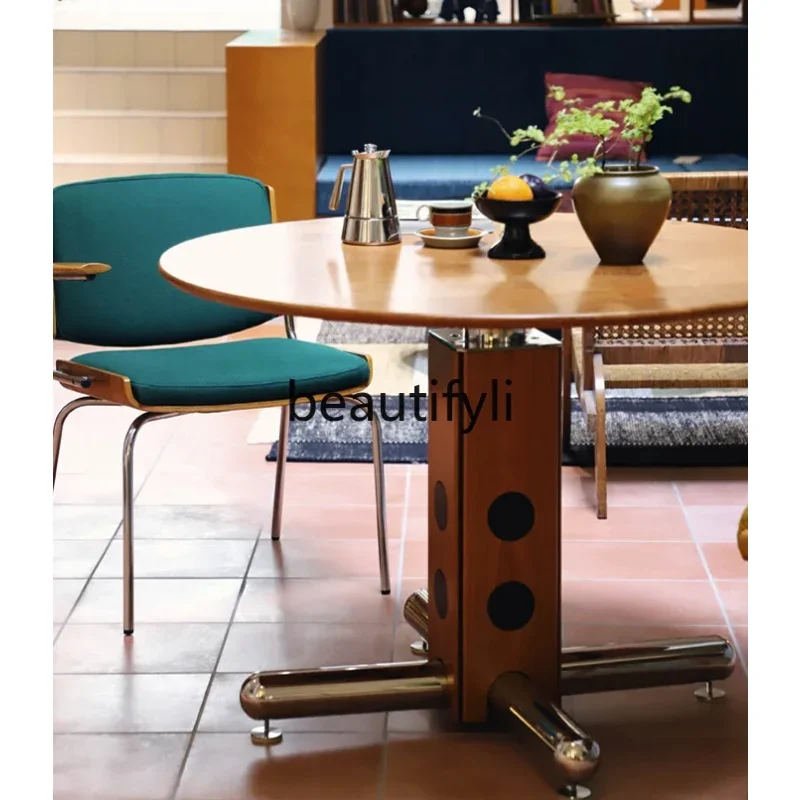 Mesa de comedor redonda de pata de metal para apartamento pequeño, mesa de comedor de losa de roca de madera maciza, estilo nórdico Bauhaus